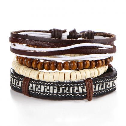 Embroidery Beaded Wooden Ball Leather Bracelet