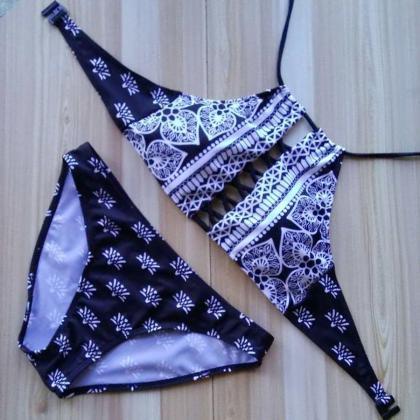 Sexy Print Halter Hollow Out Two Pieces Swimwears..