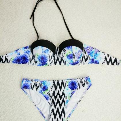 Flral Print Strapless Two Pieces Sw..