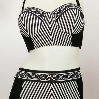 Black Stripe Print High Waist Two Pieces Swimwears
