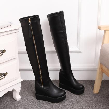 Black Wedge Increased Over Knee Boots