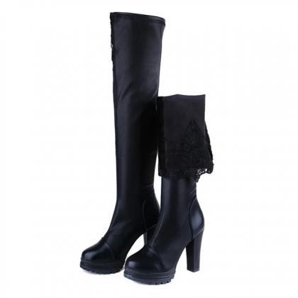 Lace Patchwork Elastic Over Knee Chunky Heel Boots