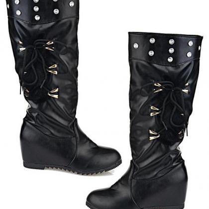 Increased Crystal Side Lace Up Middle High Boots