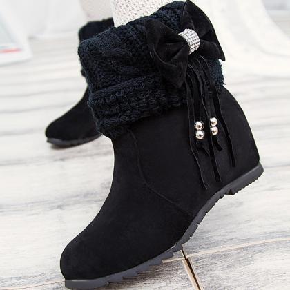 Round Toe Frosted Bowknot Tassel Boots