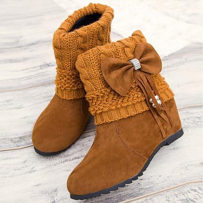 Round Toe Frosted Bowknot Tassel Boots