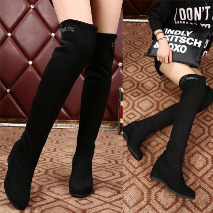 Black Faux Suede Rounded Toe Over-the-knee Boots..