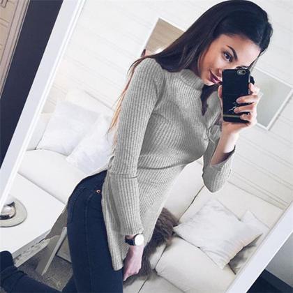 Ribbed Slitting Pull Over Long Sweater