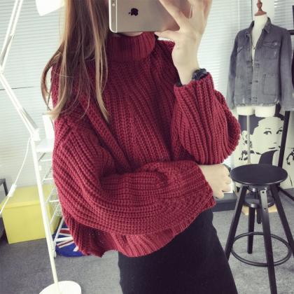 Pull Over High Neck Batwing Sleeve Short Sweater