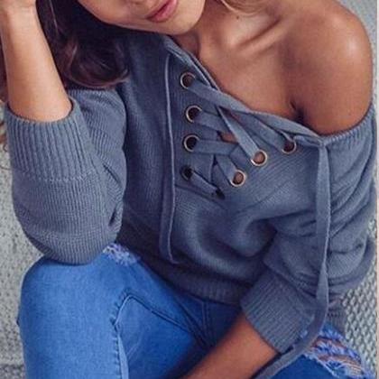 Sexy Deep V Off-shoulder Lace Up Sweater