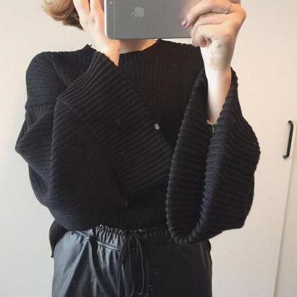 Retro Loose Ribbed Knit Bell Long-sleeved Sweater