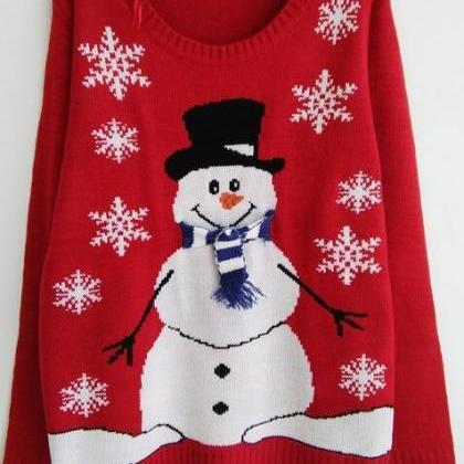 Red Christmas Snowman Snowflake Scoop Long Sleeve..