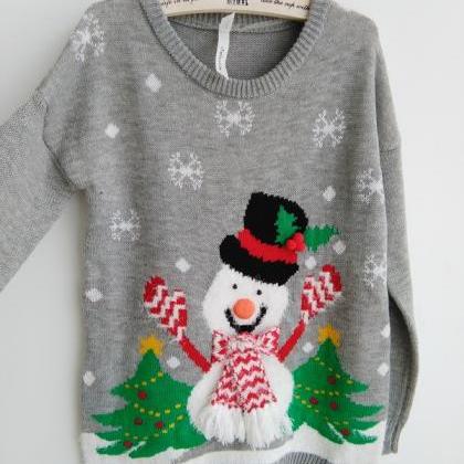 Fashion Christmas Tree Snowman Round Collar Knit..