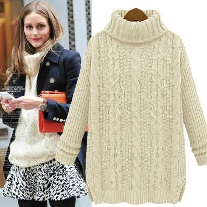 Pullover High Neck Knit Twist Long Sleeve Side..