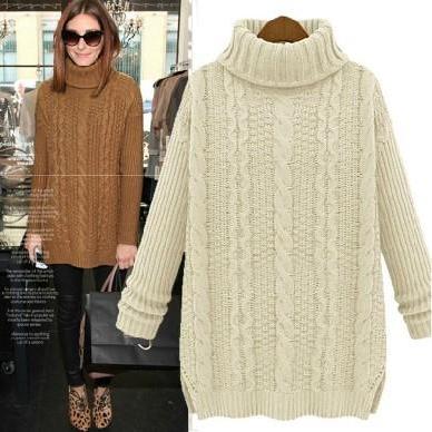 Pullover High Neck Knit Twist Long Sleeve Side..