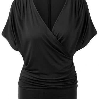 Sexy V Neck Wrap Style Pure Color Bat Short Sleeve..