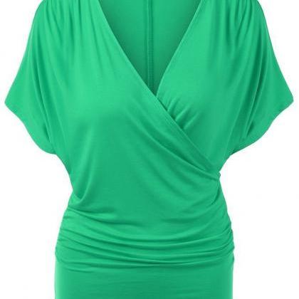 Sexy V Neck Wrap Style Pure Color Bat Short Sleeve..