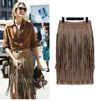 Pure Color High Waist Double Layer Tassel Long..