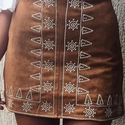 Brown High Rise Mini Skirt Featuring Tribal Print