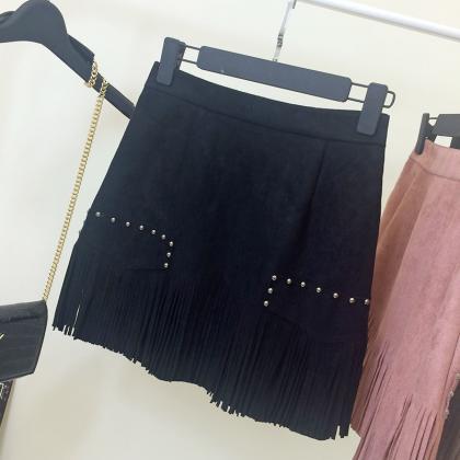 Suede Tassel Rivets Bodycon Size Zipper Mini Skirt