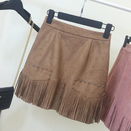 Suede Tassel Rivets Bodycon Size Zipper Mini Skirt