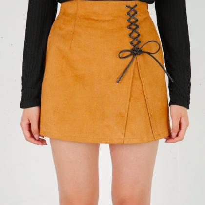 Pure Color Lace Up High Waist Mini Skirt
