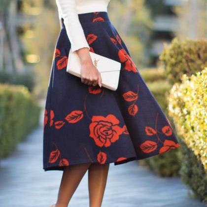 Fashion Rose Print High Waist Flared A-line Skirt