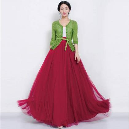 Pure Color Multi-layer Mesh Long Skirt With Lace..
