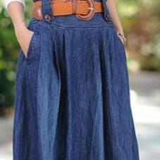 Denim Blue Elastic Waist Pleated Long Skirt With..