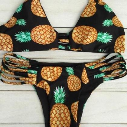Pineapple Print Straps Hollow Out Halter Bikini..