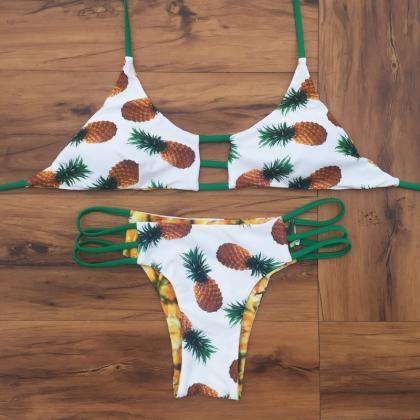 Pineapple Print Straps Hollow Out Halter Bikini..