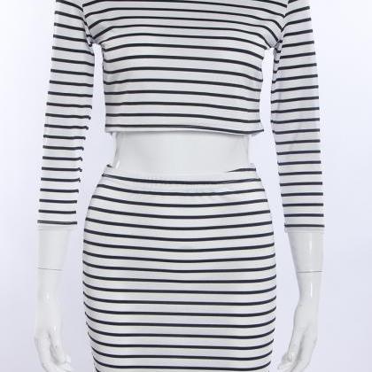 Fashion Long Sleeves Crop Top Striped Stretch..