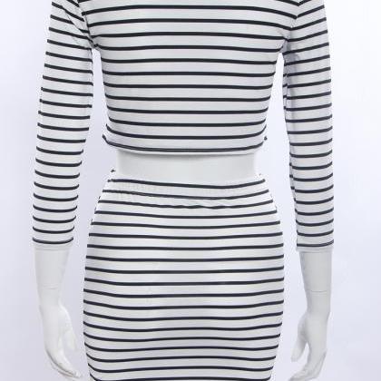 Fashion Long Sleeves Crop Top Striped Stretch..