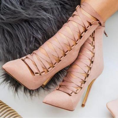 Suede Pointed-Toe Lace-Up Stiletto High Heels with Back Zipper