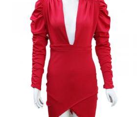 Pad Shoulder V Neck Bodycon Dress on Luulla