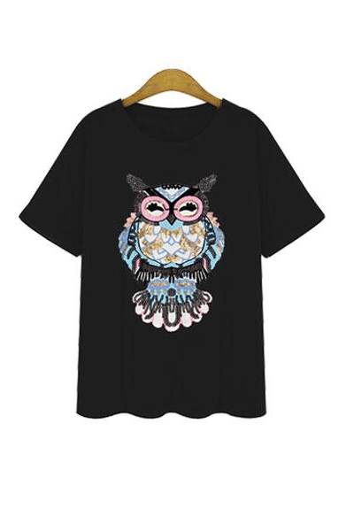 Fashion Sequins Embroidery Cotton Short Sleeve T-shirt