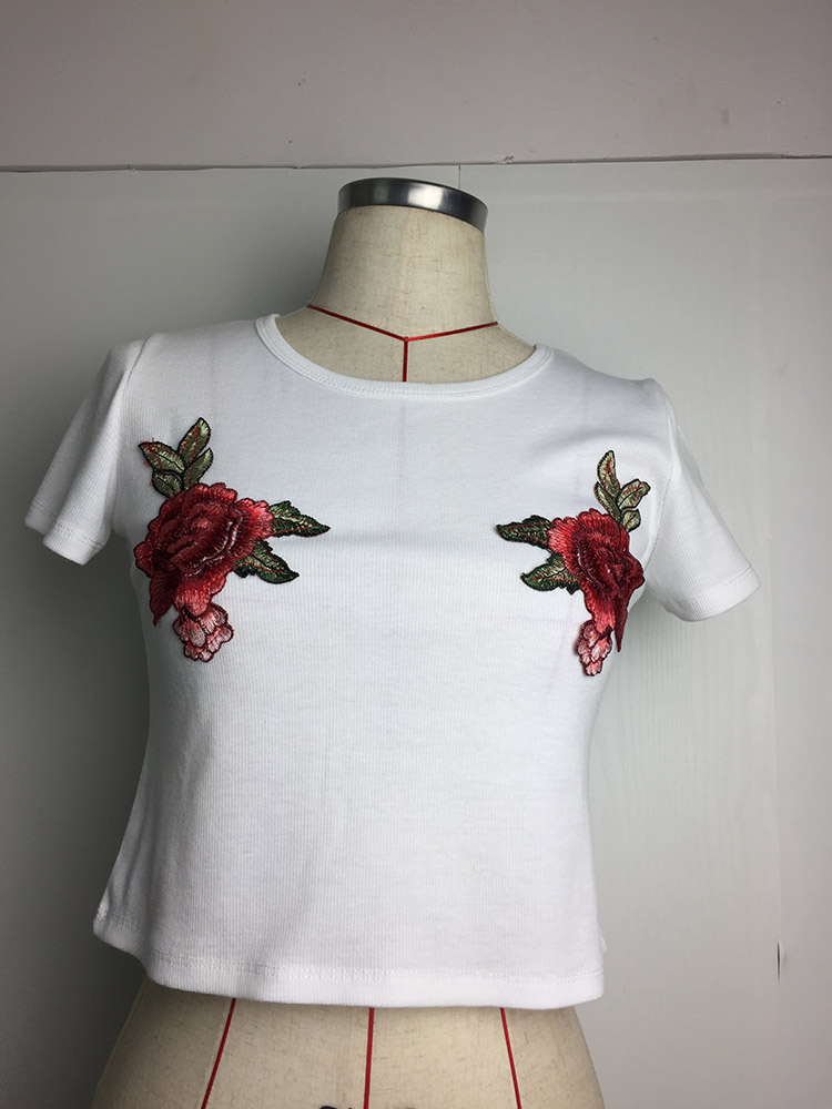 Embroidered Sexy Round Collar Short Sleeve T-shirt
