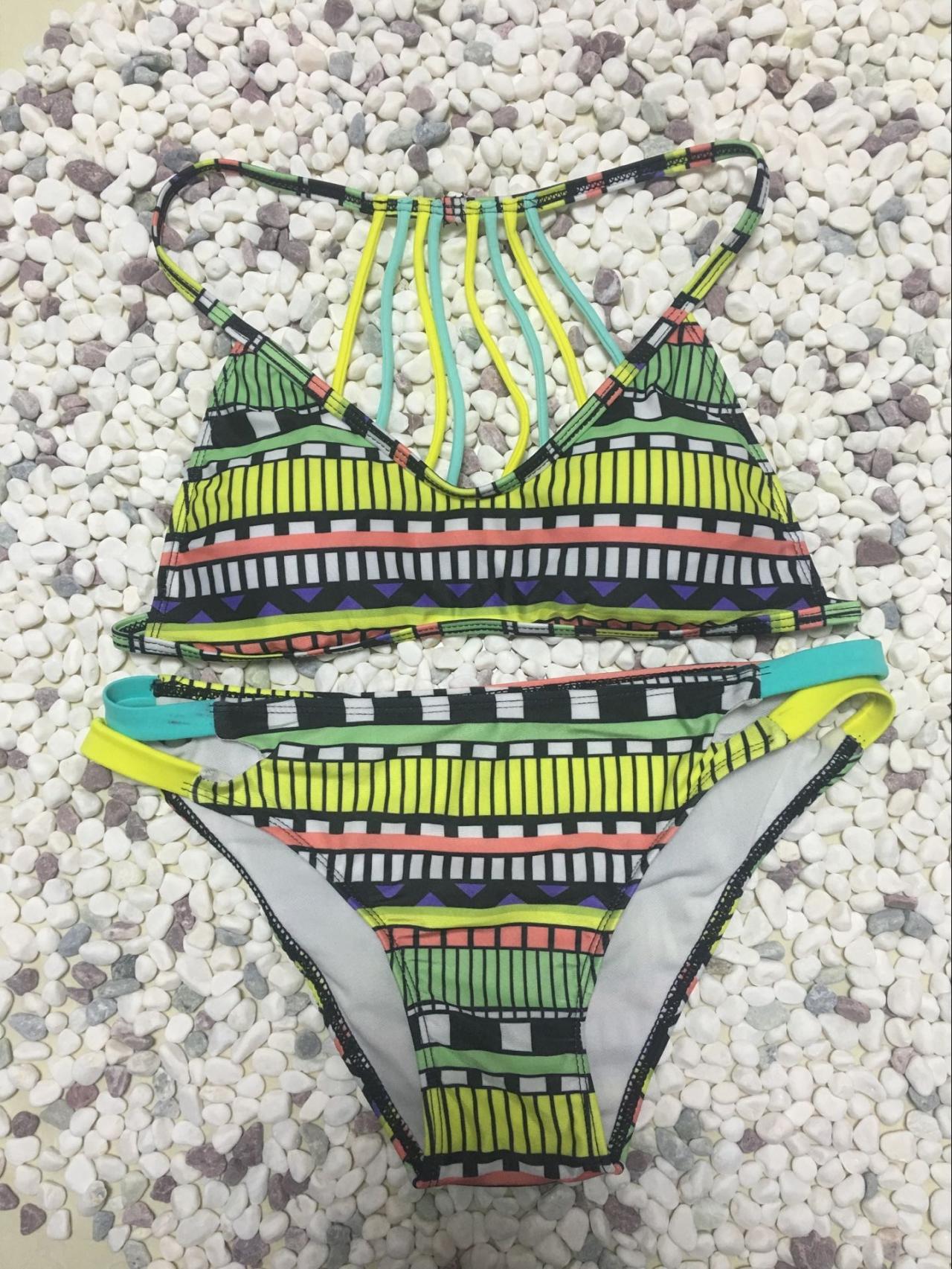 2017 Sexy Geometric Grid Printing Bind Two Pieces Swimwear