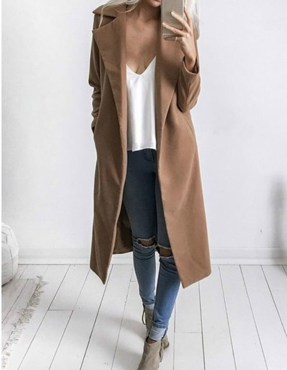 Long Sleeve Pure Color Lapel Pocket Fur Coat
