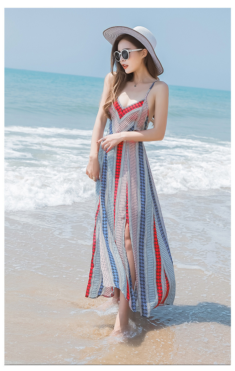 Bohemia Stripe Print Backless Beach Chiffon Dress