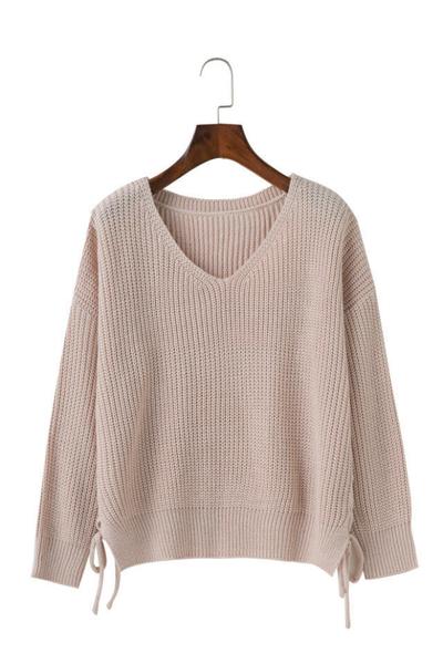 Straps V-neck Pure Color Long Sleeves Lace Up Sweater