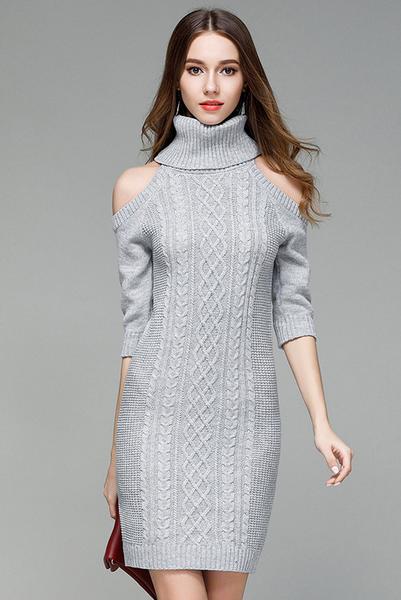 High Neck Bear Shoulder Half Sleeves Cable Long Knit Sweater