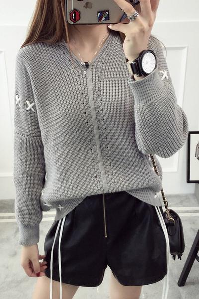 Pure Color Long Sleeves Lace Up V-neck Pullover Sweater