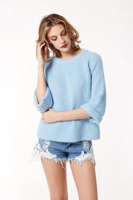 3/4 Sleeves Pure Color Scoop Regular Sweater
