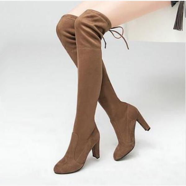 Faux Suede Rounded-toe Over-the-knee Chunky Heel Boots