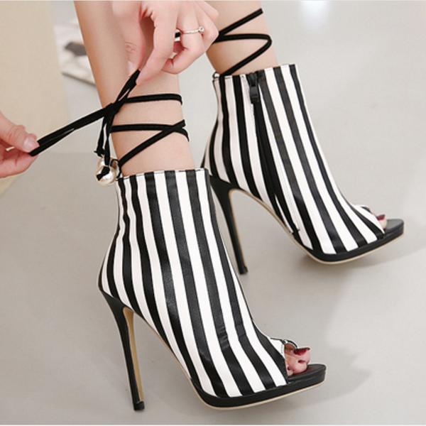 Stripes Peep-toe Short Boot Stiletto High Heels Sandals