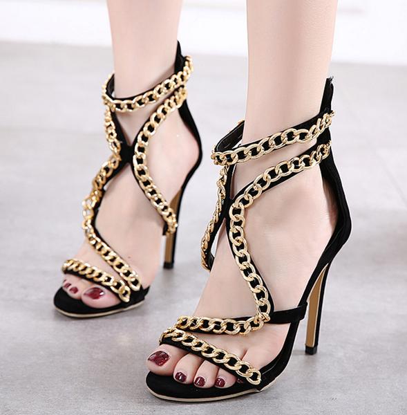 Metal Chain Decorate Open Toe Cut Out Back Zipper Sandals on Luulla