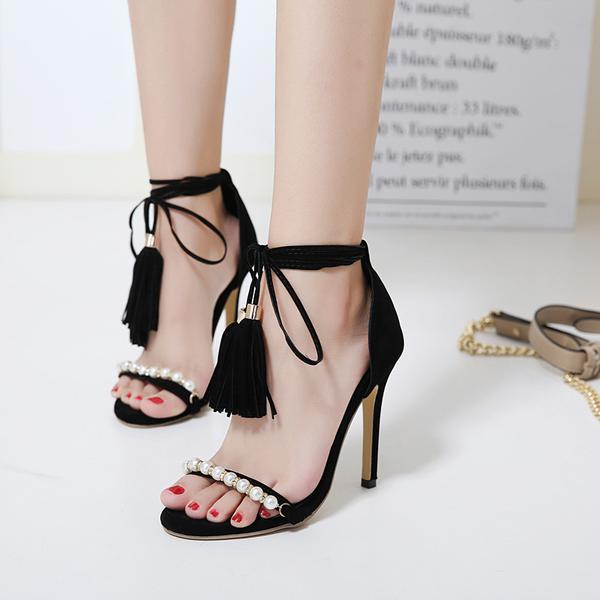 Faux Suede Pearl Embellished Open-toe Lace-up High Heel Sandals Featuring Tassel Detailing