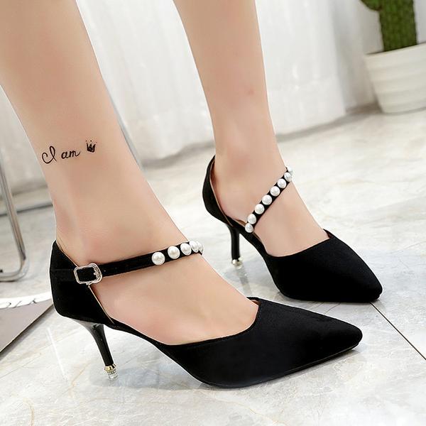 Faux Suede Pointed-toe Pearl Embellished Ankle Strap High Heel Stilettos