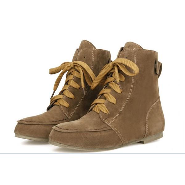 Suede Round Toe Lace Up Flat Short Boots