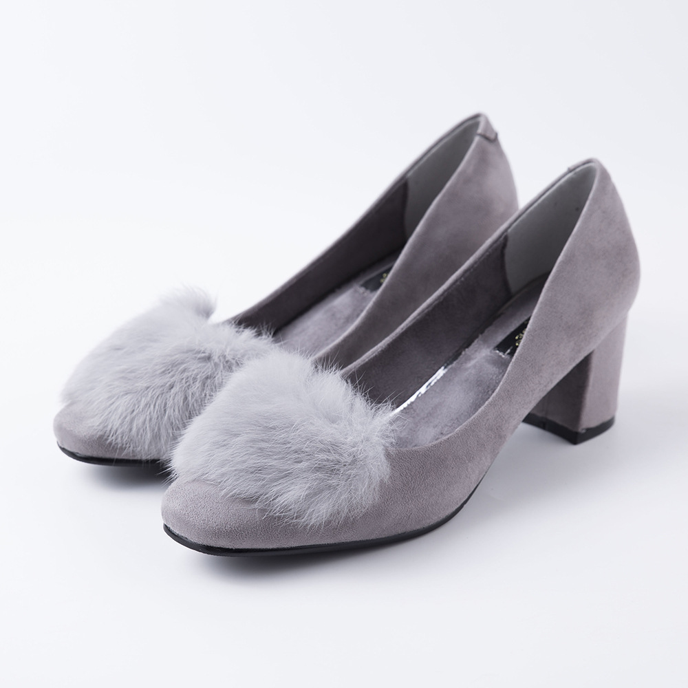 Faux Fur Decorate Round Toe Low Cut Low Chunky Heels Shoes
